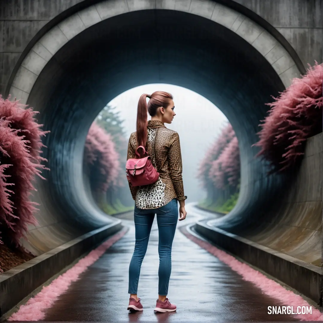 Woman with a backpack standing in a tunnel with pink flowers on the side of it