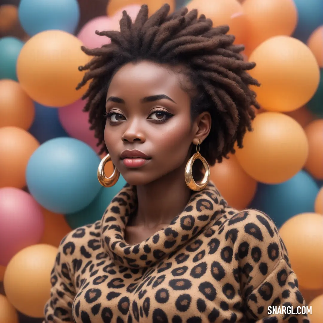 Woman with a leopard print shirt and large earrings standing in front of balloons