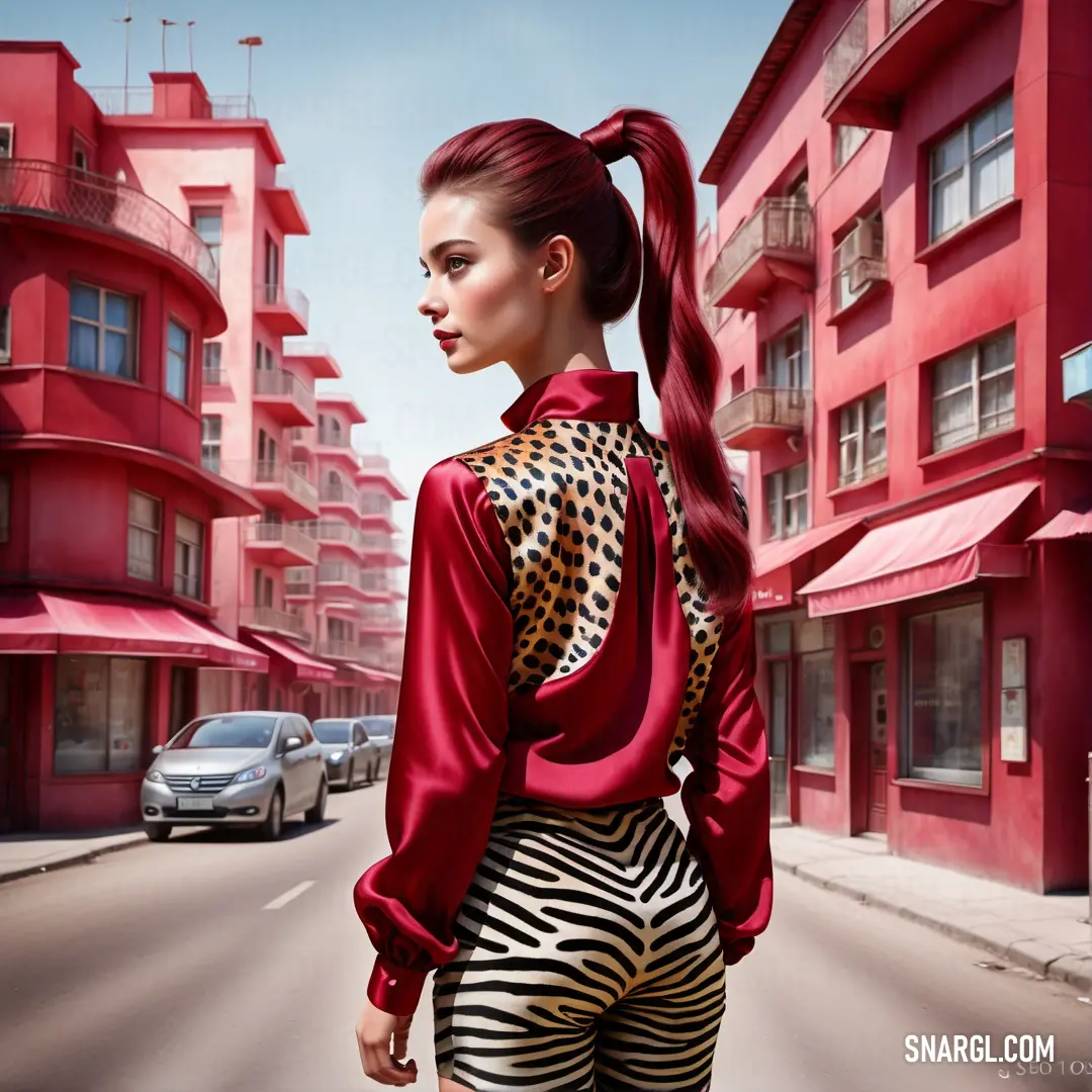 Woman with a ponytail is walking down the street in a red blouse and zebra print pants