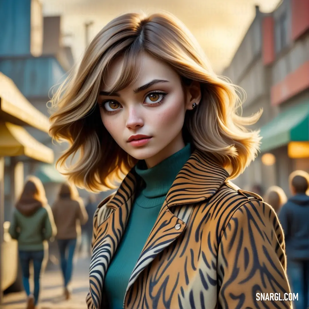 Woman with a tiger print coat on a street corner with people walking by and a building in the background