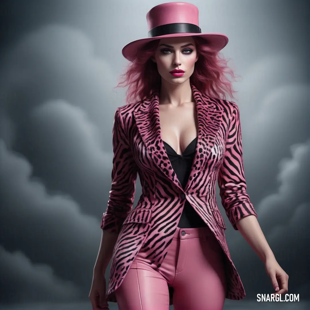 Woman with pink hair wearing a pink hat and a zebra print jacket and pants and a black top