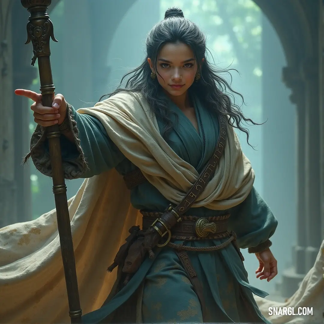 A woman in a blue dress, wielding both a staff and a sword, stands surrounded by fog, with a dark and moody atmosphere that heightens the mystery of her presence. A mysterious figure, dressed in a flowing blue dress, holds both a staff and sword in her hands, standing in a foggy, shadowy atmosphere. The surrounding mist adds to the dramatic and suspenseful mood of the scene.