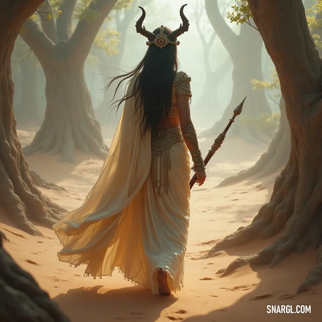 A tranquil moment in nature, showcasing a figure in a white dress, stick in hand, exploring a sunlit forest with trees and soft sand underfoot. A serene scene of a person dressed in a flowing white gown, holding a stick as they wander through a tranquil forest, with dappled sunlight filtering through the green foliage and casting gentle patterns on the sandy ground below.