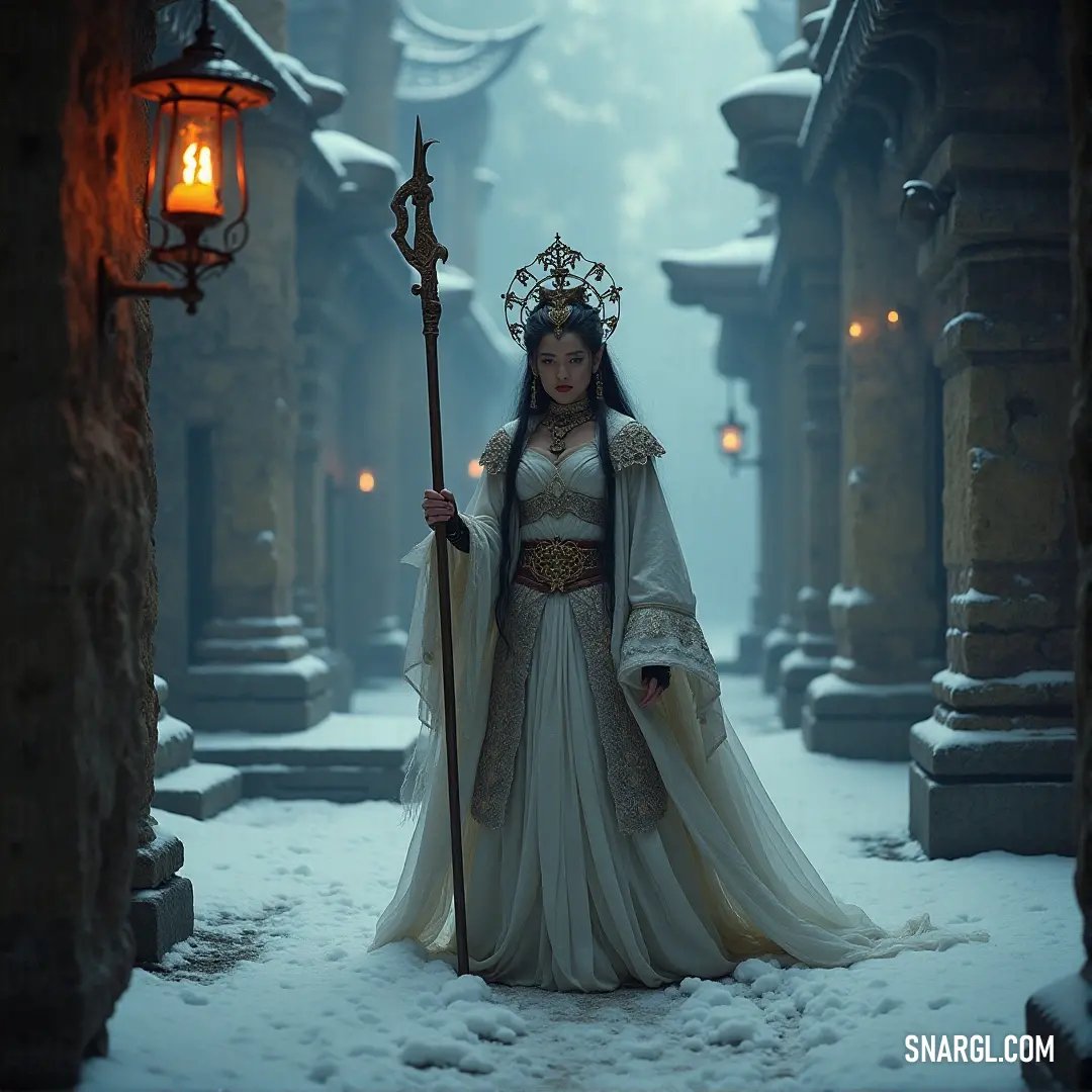 A figure in a white gown and crown holds a staff as she stands in a snowy alley, surrounded by glowing lanterns that light up the tranquil winter scene. A regal figure dressed in a white gown and crown stands in a snowy alley, holding a staff. Lanterns cast soft glows on the snow-covered path, creating a serene yet mystical atmosphere.