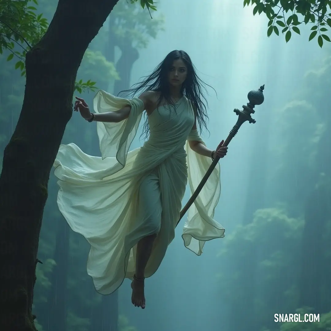 Anju graces a mystical forest scene, her white dress contrasting beautifully against the vibrant greenery, as sunlight filters through the fog, enhancing the ethereal aura. In a serene forest, Anju holds a staff while dressed in white, sunlight piercing through the fog, creating an enchanting atmosphere around her.