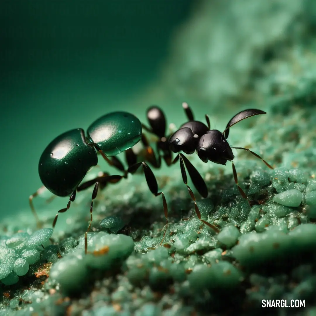 Close up of a green and black ant ant on a green surface with drops of water on it