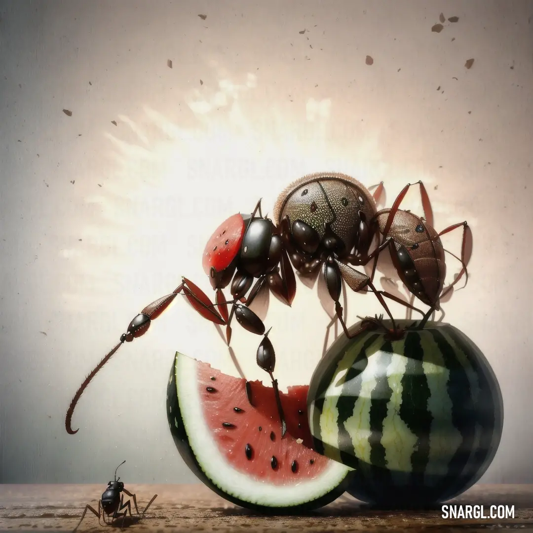 Group of ant ants standing on top of a watermelon slice with a bug crawling on it