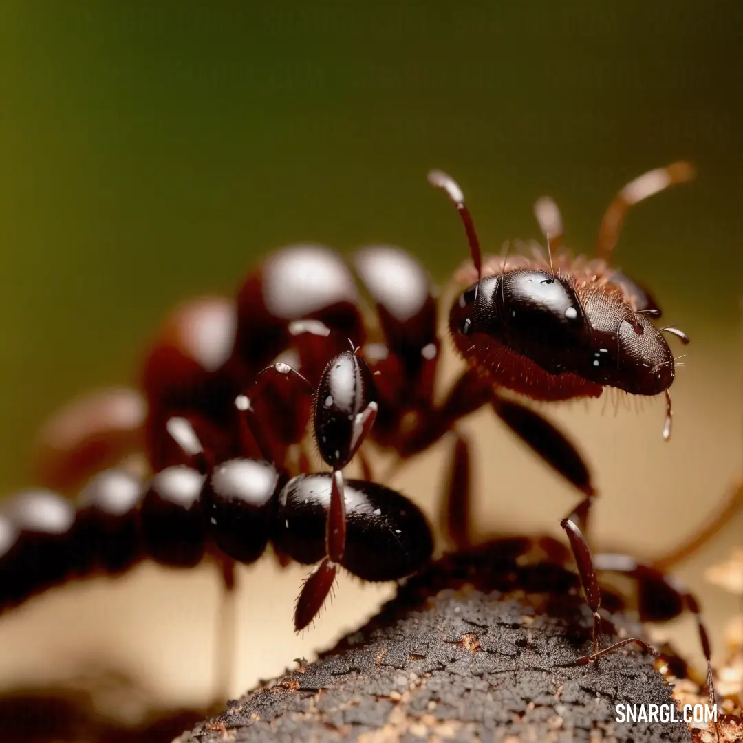 Group of ants crawling on a piece of wood with water droplets on it's body and head