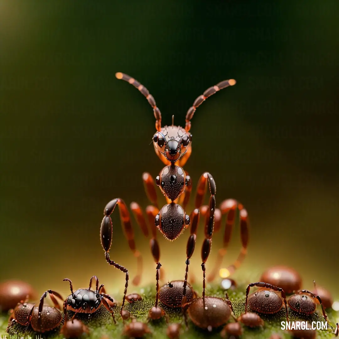 Group of ants standing on top of a green plant covered in bugs and grass