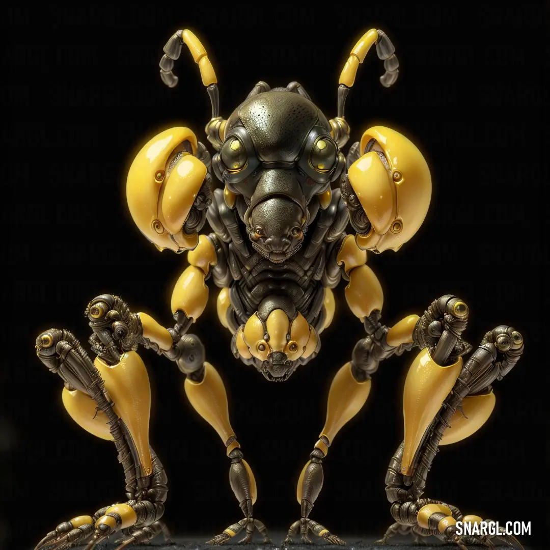 Yellow and black robot with four legs and two hands on a black background
