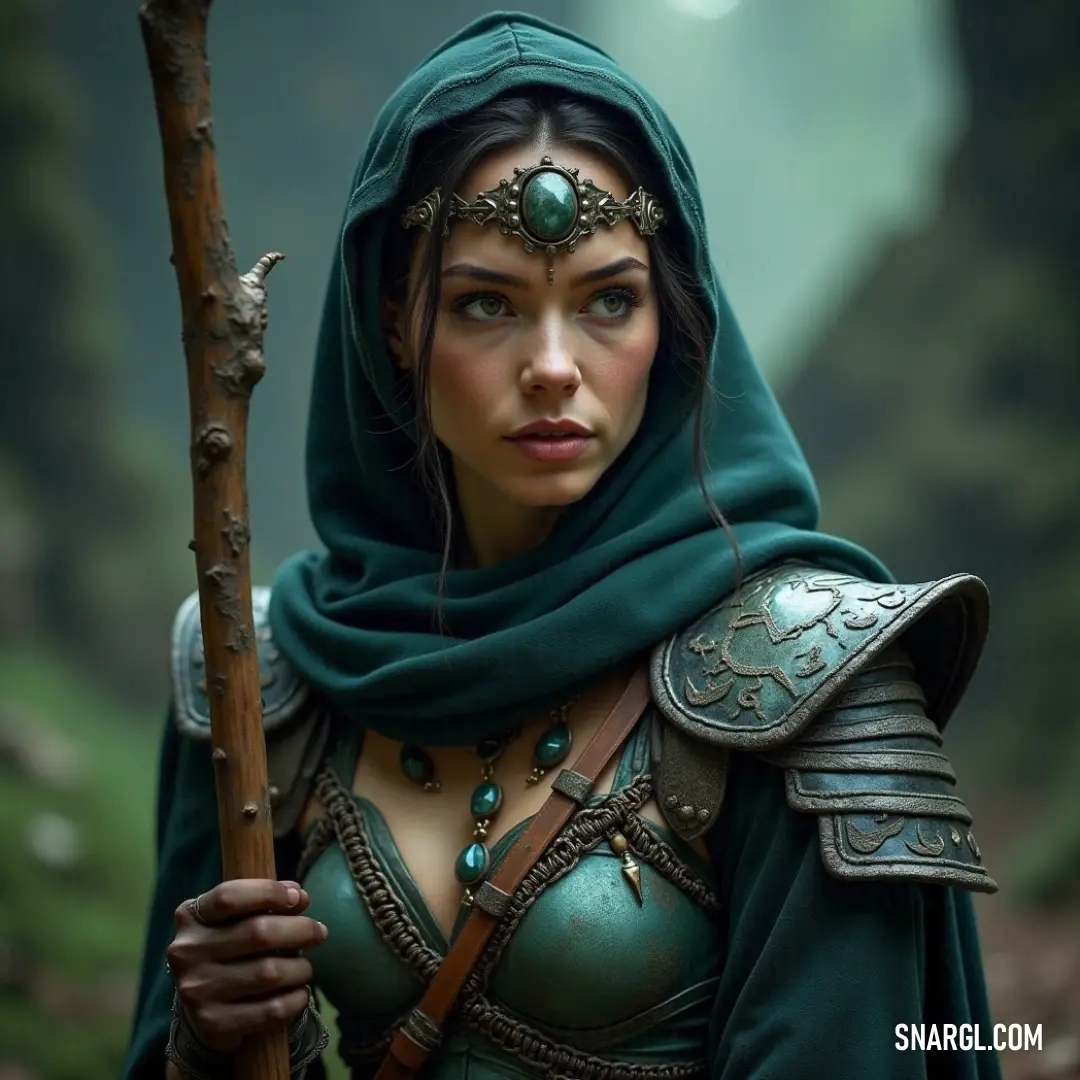 A brave explorer in a green outfit holding a stick, embodying adventure in the wild. A confident adventurer clad in a vibrant green outfit stands steadfast, gripping a sturdy stick, her green scarf billowing gently in the wind, symbolizing resilience and the spirit of exploration in the wilderness.