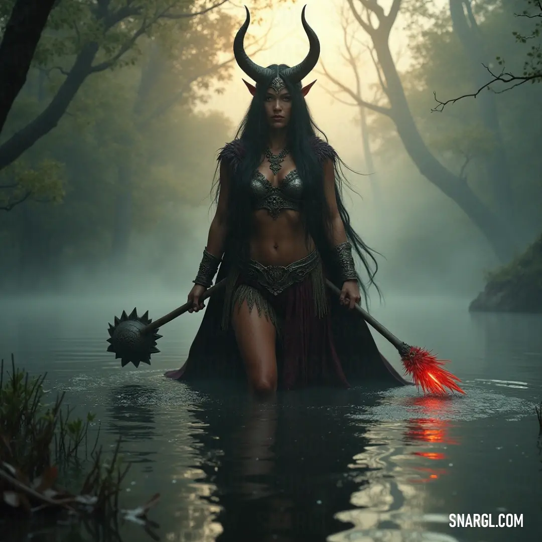 A fantastical character in a vibrant costume balances gracefully on the water's edge, brandishing two paddles and a magnificent horned headpiece, surrounded by serene aquatic beauty. A whimsical figure clad in an elaborate costume stands confidently in tranquil waters, wielding two paddles while adorned with a striking horned headdress, evoking a sense of mystery and adventure.