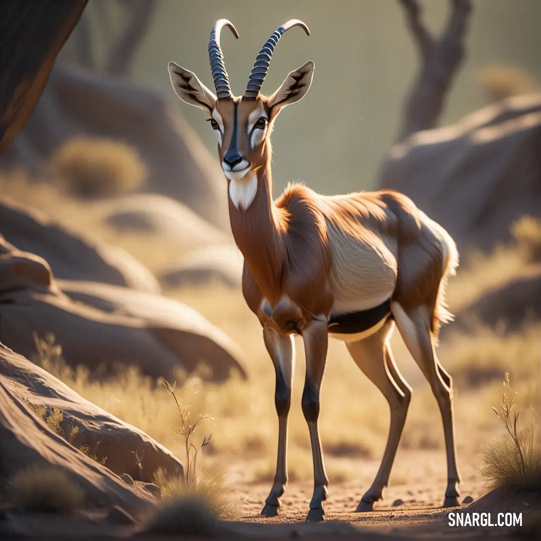 Gazelle standing in the middle of a desert area with rocks and grass in the background