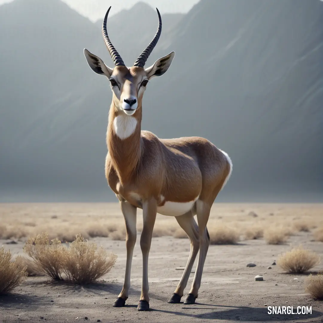 Gazelle standing in the middle of a desert plain with mountains in the background