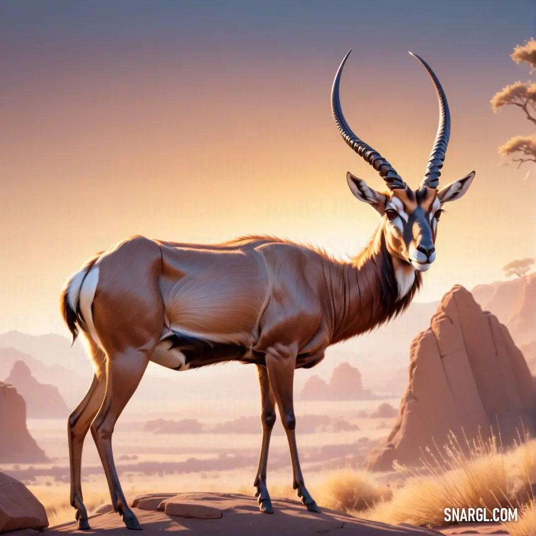 Gazelle standing in the desert at sunset with a mountain in the background