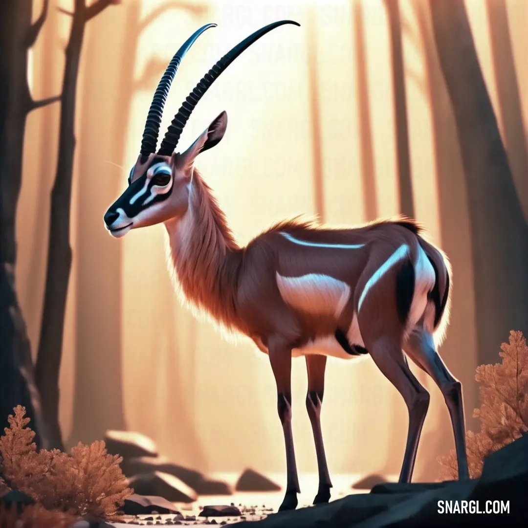 Gazelle standing in a forest with trees and rocks in the background