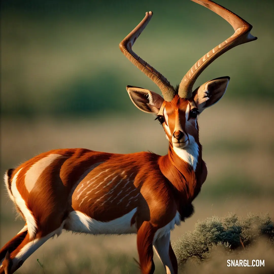 Gazelle with large horns standing in a field of grass