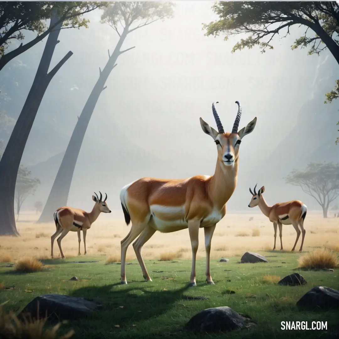 Herd of antelope standing on top of a lush green field next to trees and rocks in the background