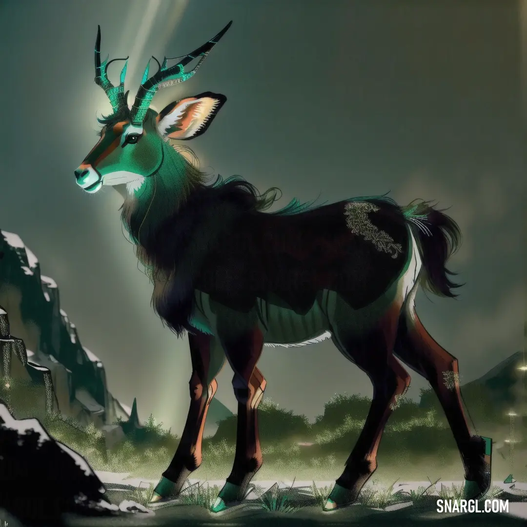 Painting of a deer standing in a field with a castle in the background and a light shining on it