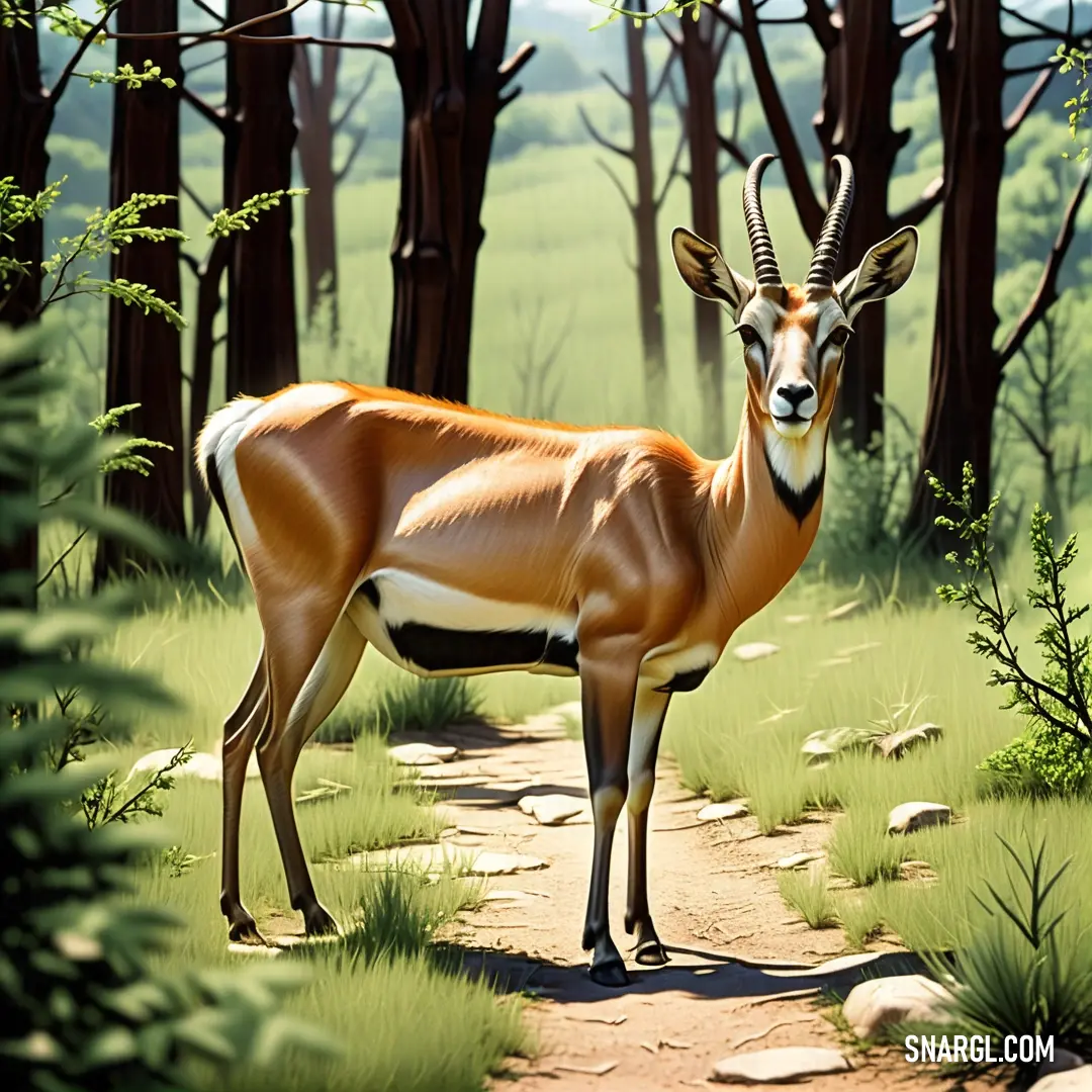 Painting of a gazelle standing on a dirt road in a forest with rocks and grass and trees