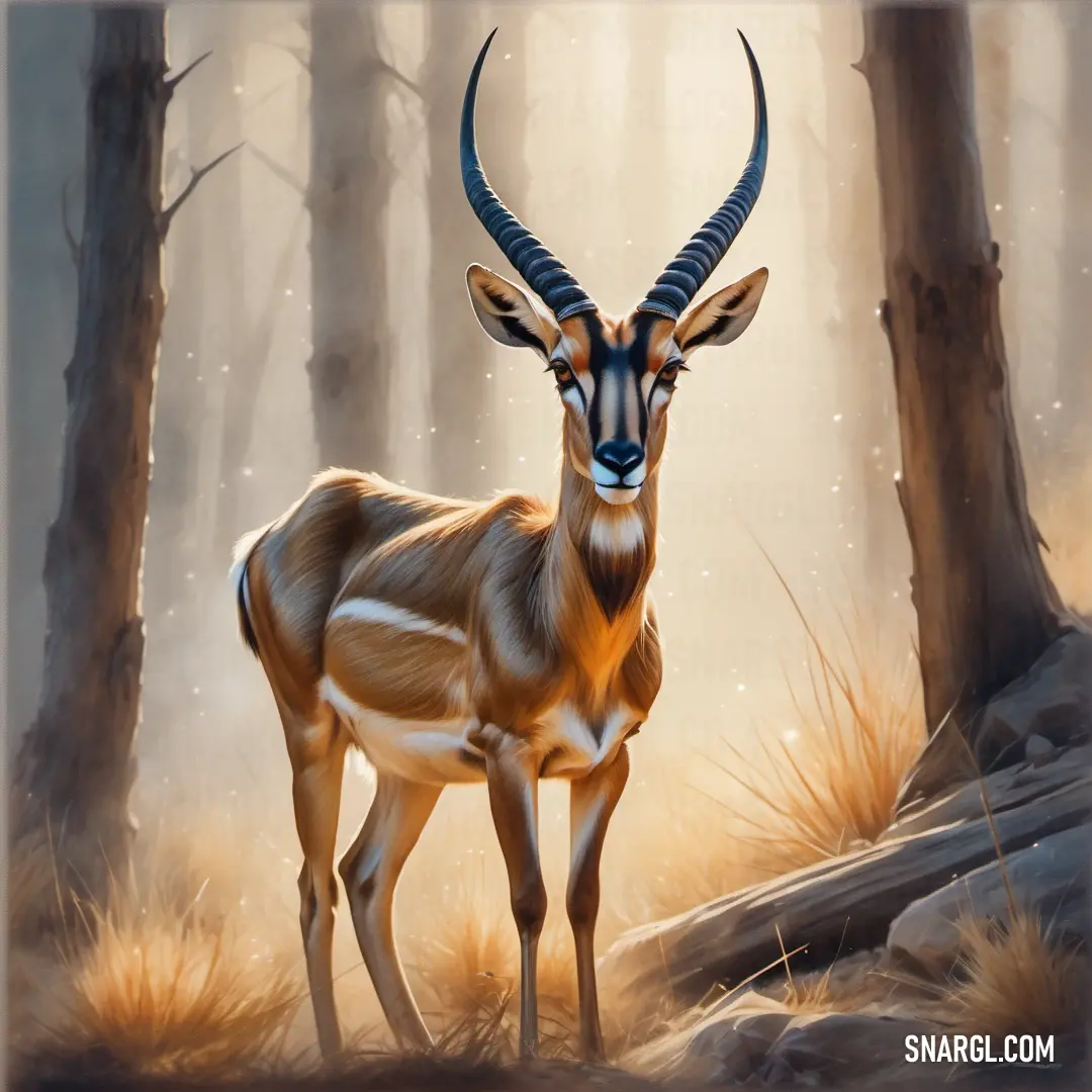 Painting of a gazelle standing in a forest with trees and rocks in the background