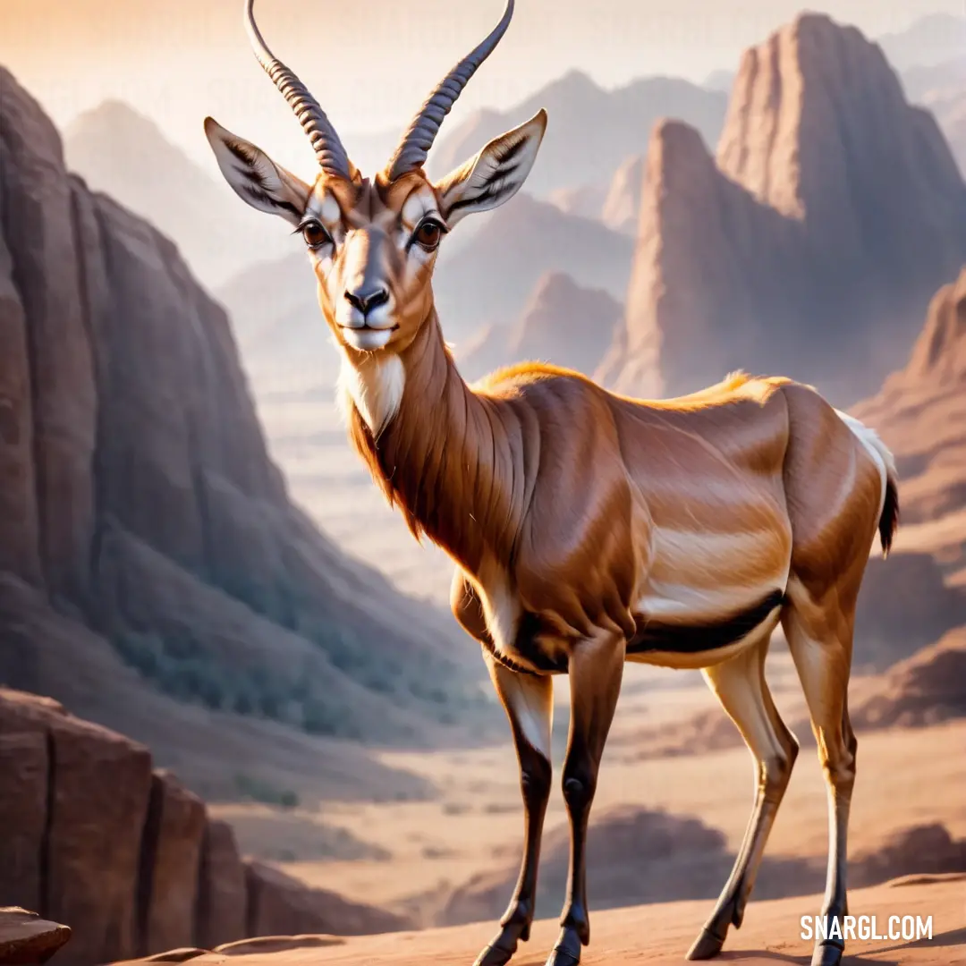 Painting of a gazelle standing in the desert with mountains in the background