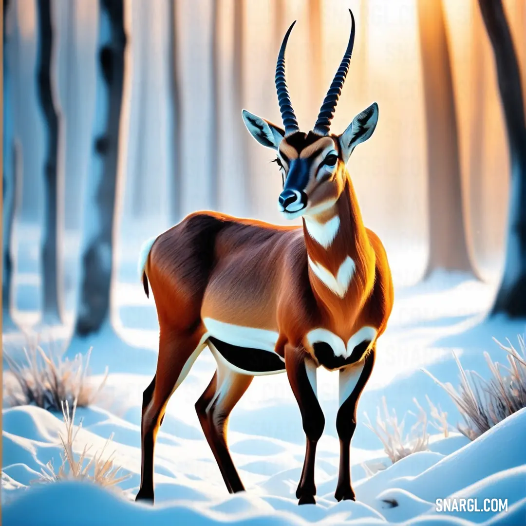 Painting of a gazelle in the snow with trees in the background