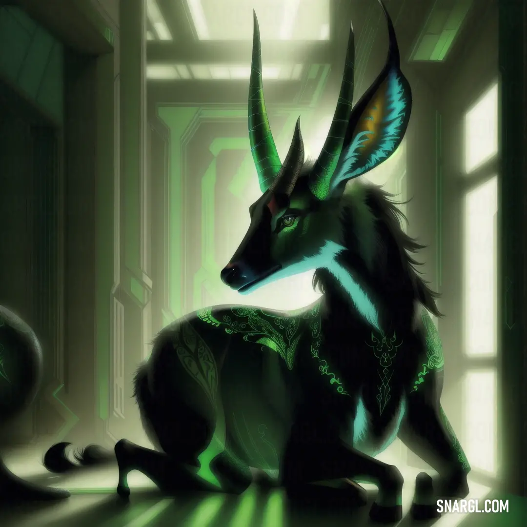 Painting of a horned animal on the floor in a room with a window and a light coming through
