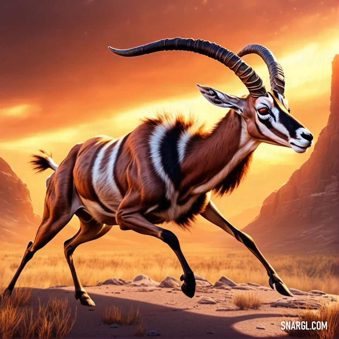 Painting of a Antelope running through a desert landscape at sunset or dawn with mountains in the background and a red sky