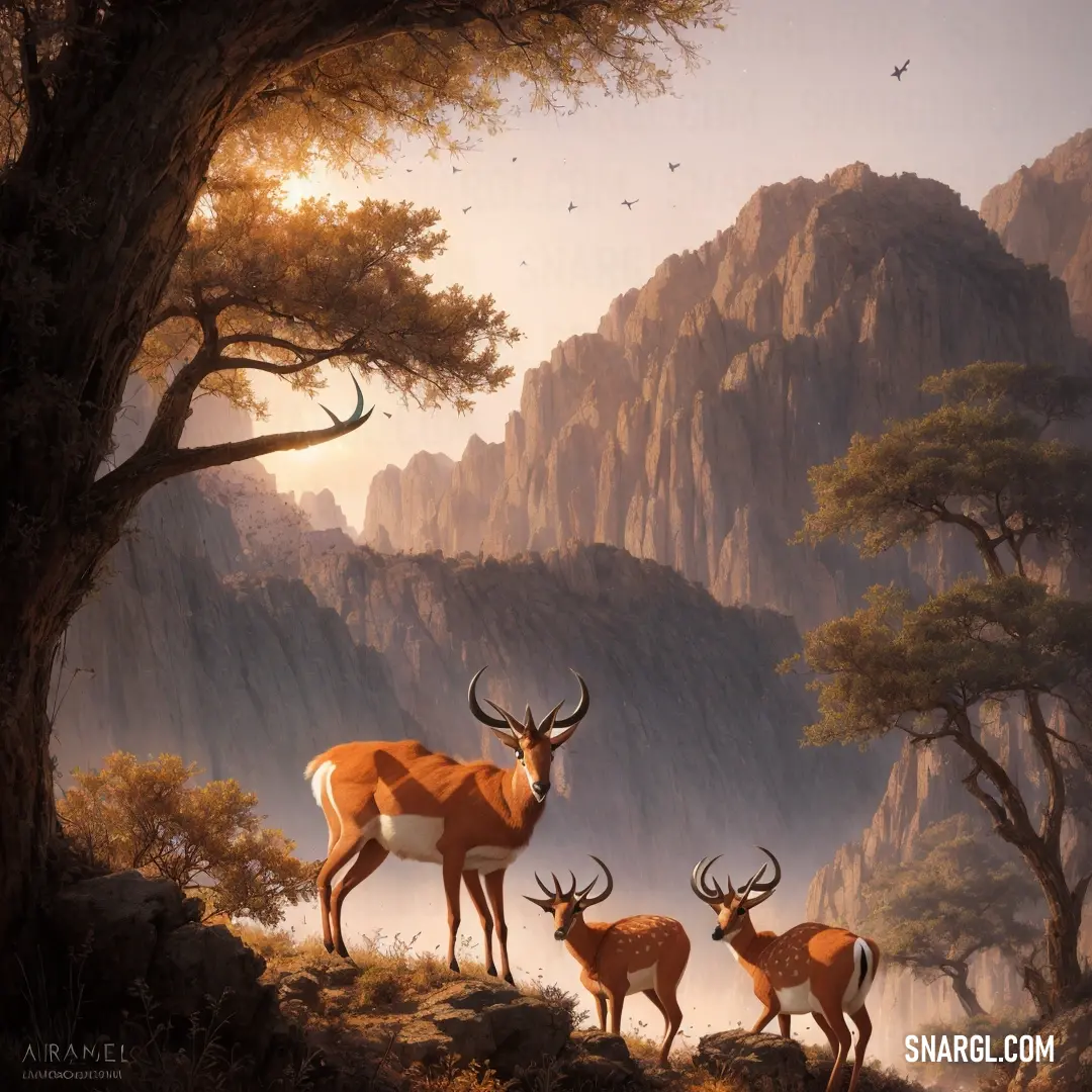 Painting of deer and their babies in a mountainous area with a mountain in the background and birds flying overhead