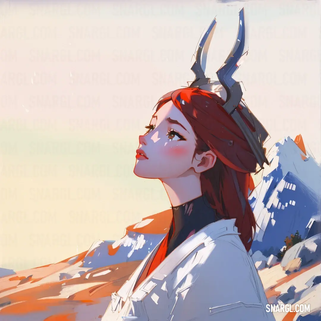 Woman with horns on her head looking at the sky and mountains behind her