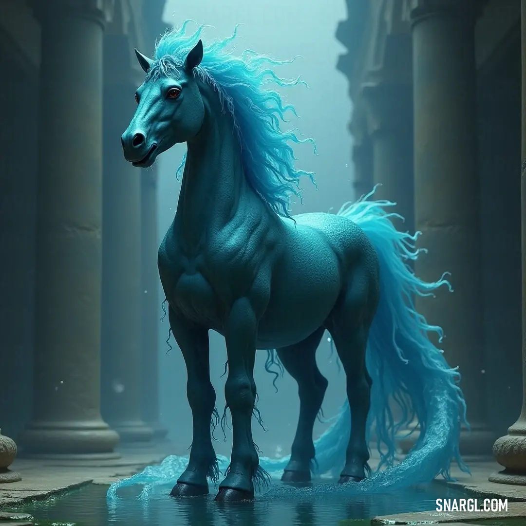 A stunning Blue Antheia poised in a tranquil pool, framed by impressive columns in a magical fantasy landscape. A majestic Blue Antheia gracefully stands in a shimmering pool of water surrounded by towering ancient columns, creating a serene and enchanting fantasy atmosphere.