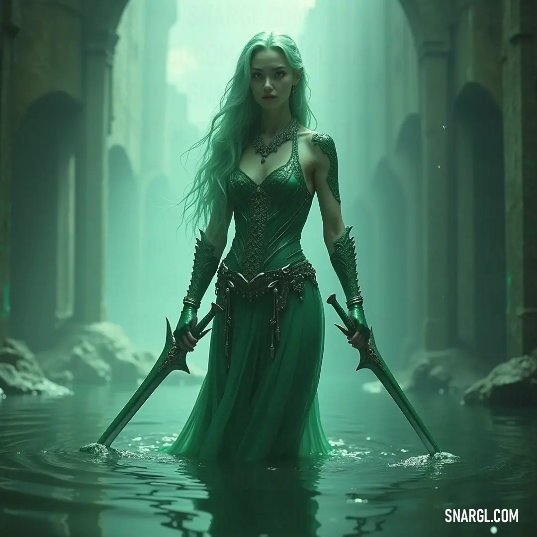 A determined figure clad in a mesmerizing green dress stands in a river, wielding two swords, framed by the enchanting silhouette of a castle rising in the background, symbolizing courage and strength.