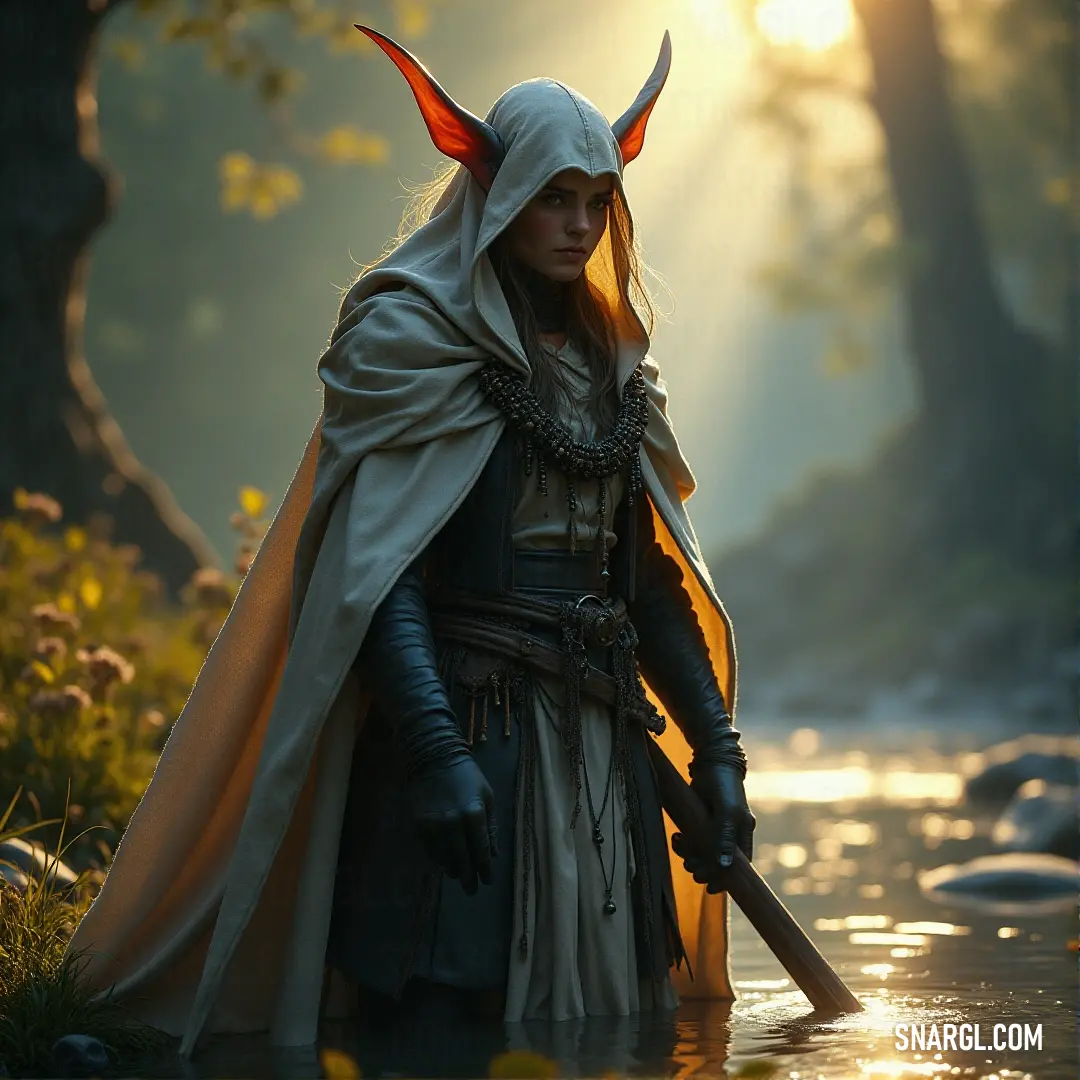 Antheol Sunreaver dressed in a costume and holding a sword, standing in a river at sunset with light shining through the trees. Antheol Sunreaver, wielding a sword and dressed in a detailed costume, stands in a river at sunset, the sunlight filtering through the trees and reflecting off the water, creating an ethereal scene.