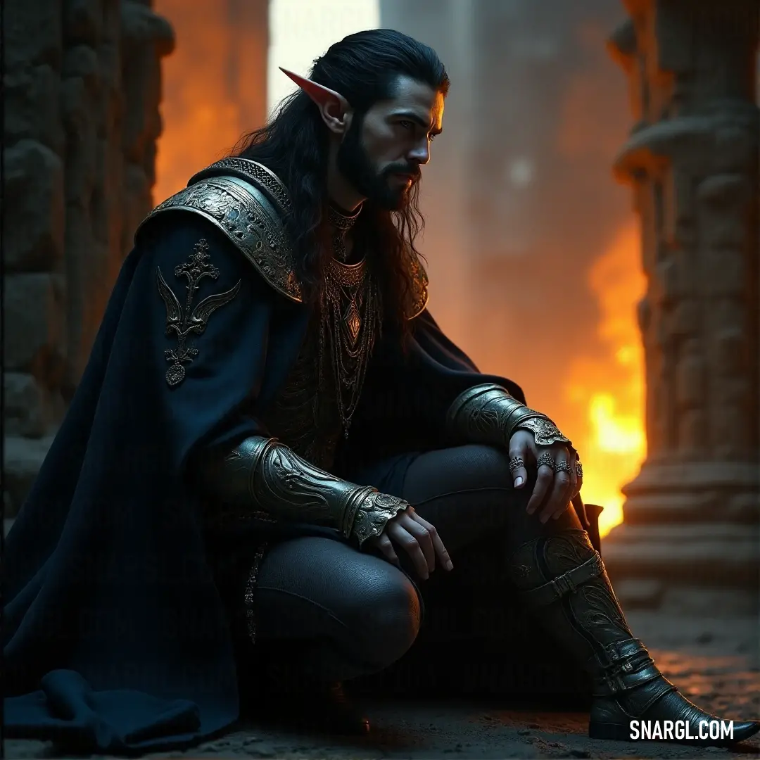 Antheol Sunreaver dressed in a costume, sitting on the ground with his legs crossed in a moment of peace. Antheol Sunreaver, dressed in a detailed costume, sits cross-legged on the ground, exuding calmness and contemplation amidst the natural surroundings.