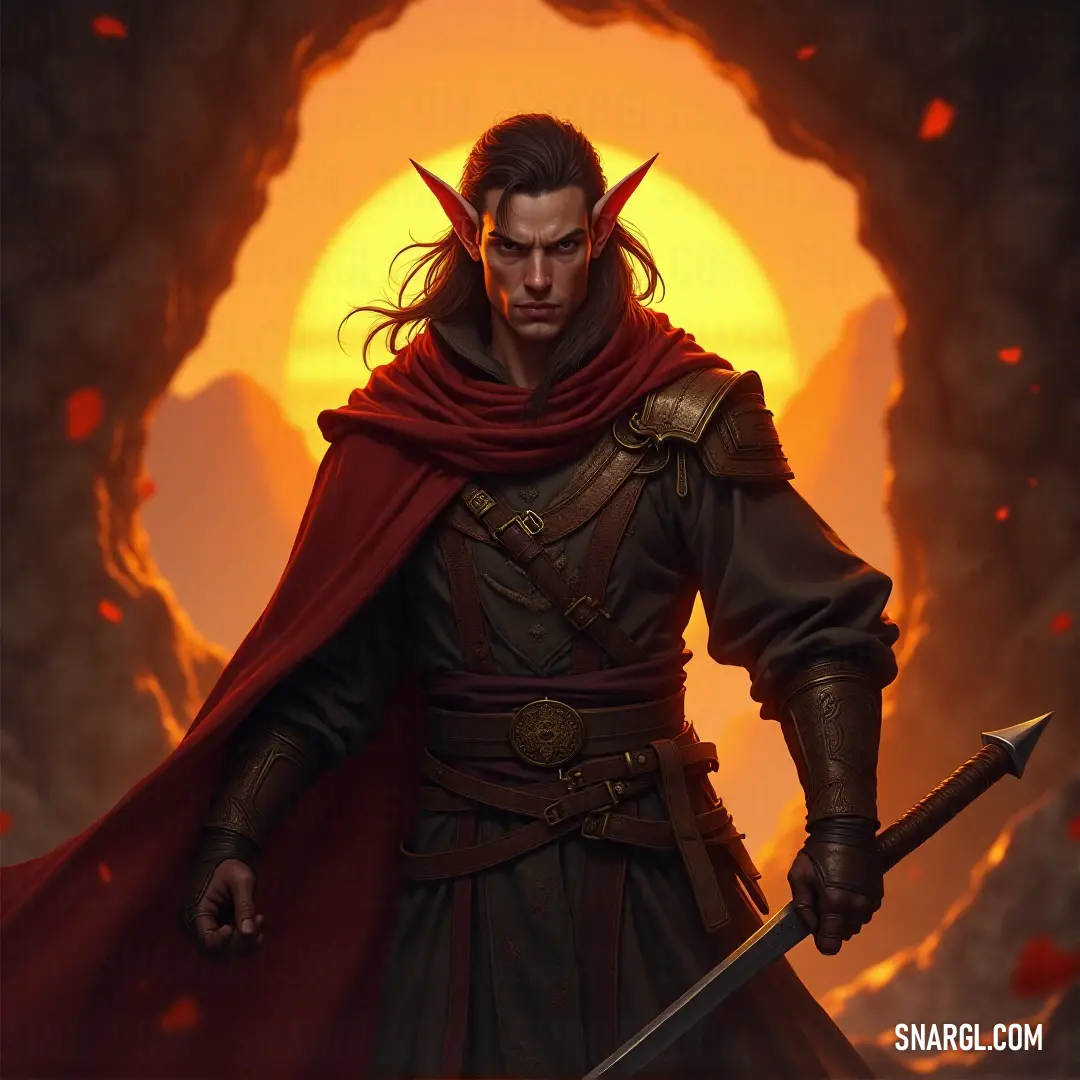 A brave warrior in a red cape holding a sword, standing confidently before a brilliant sun, ready for battle. A heroic figure in a flowing red cape, standing tall with a sword in hand, gazing into the distance against a vibrant sunlit sky that radiates with warm golden hues.