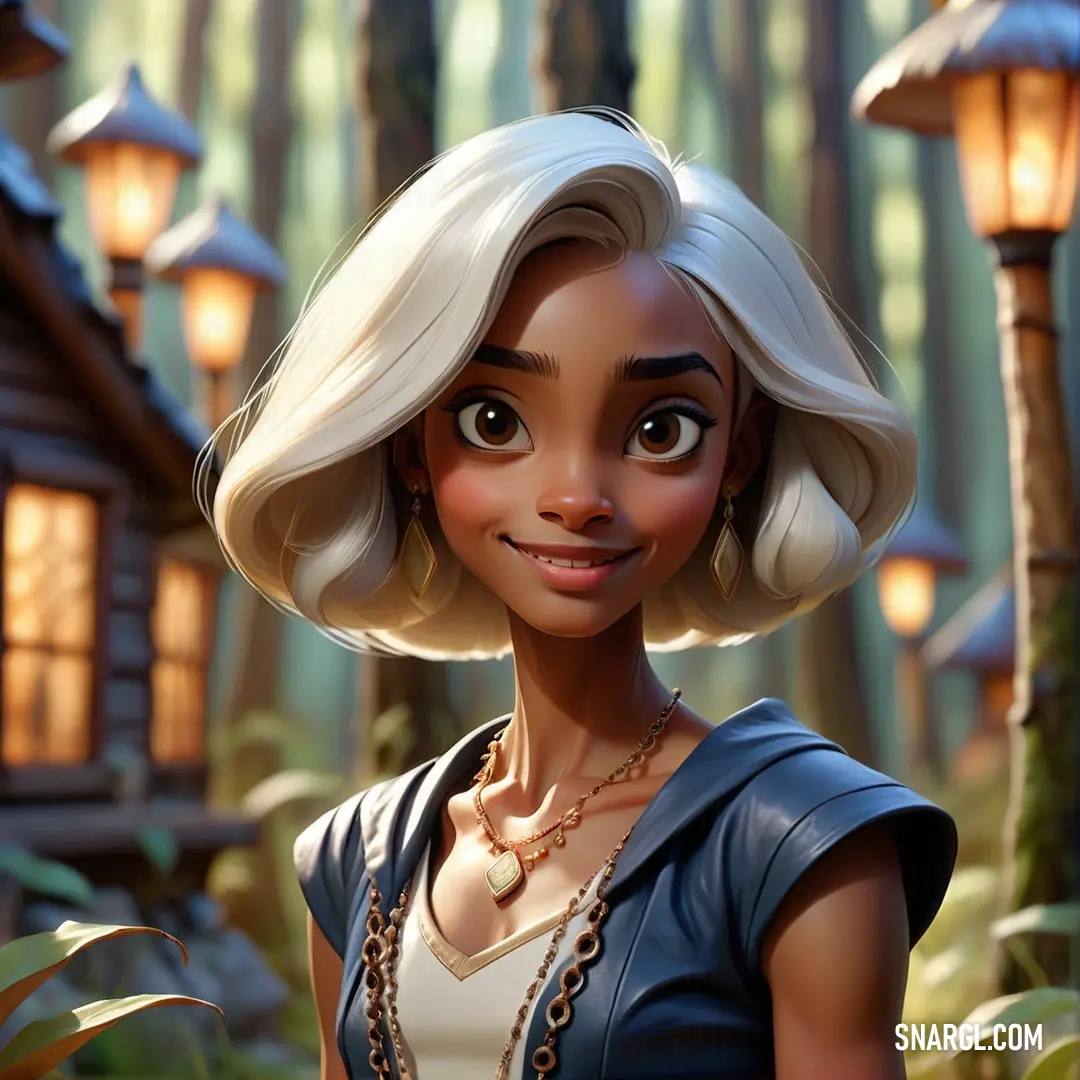 Cartoon character with blonde hair and a necklace on in a forest with a house in the background and a lamppost