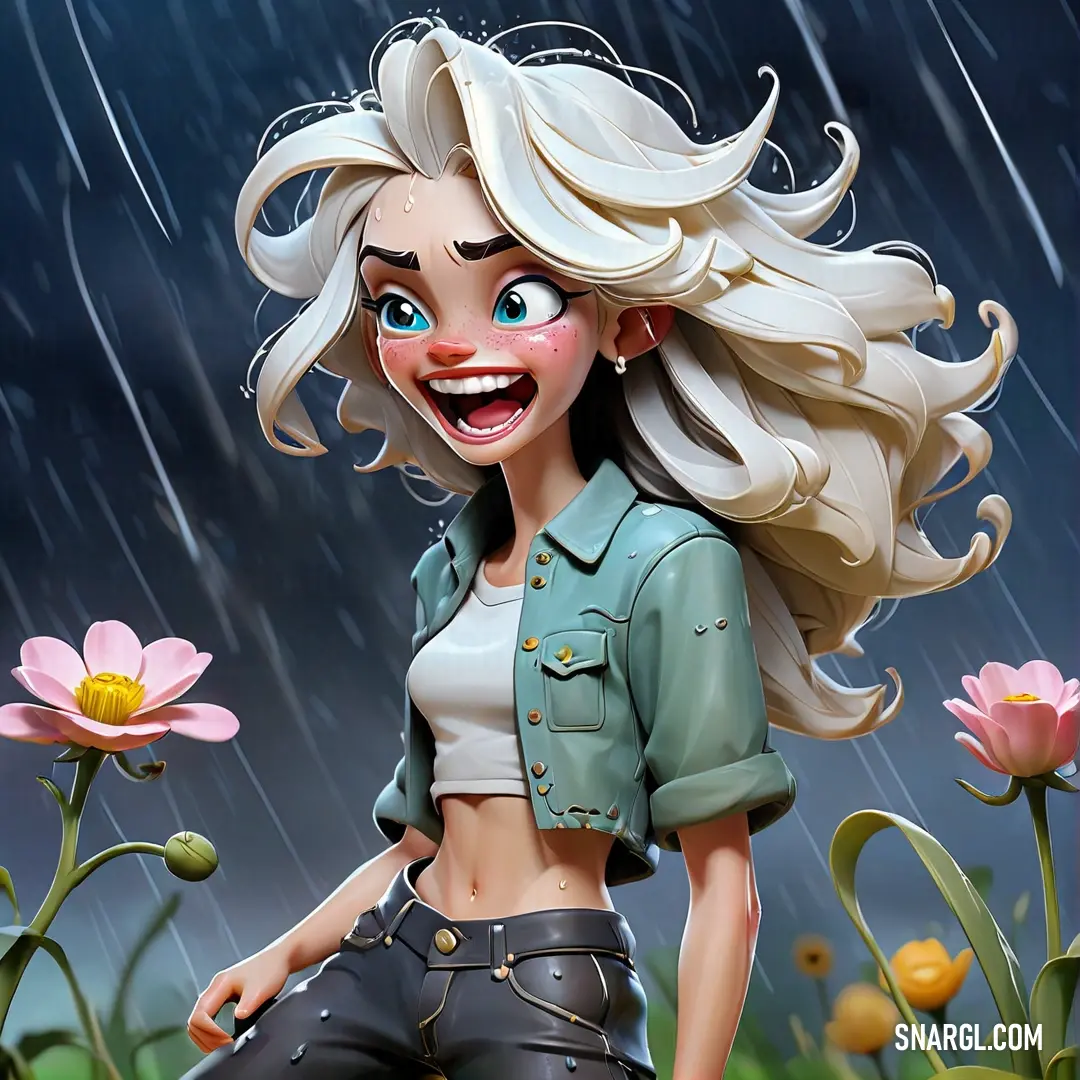 Cartoon girl with blonde hair and a green shirt is standing in a field of flowers and smiling at the camera. Color RGB 242,243,244.
