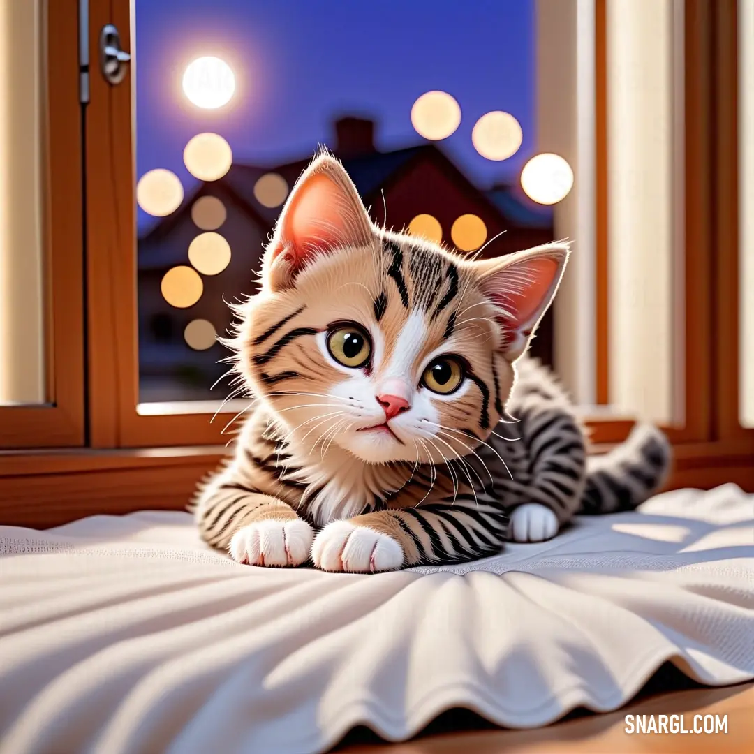 Cat on a bed looking out a window at the night time with lights in the background and a cat laying on the bed. Example of #F2F3F4 color.