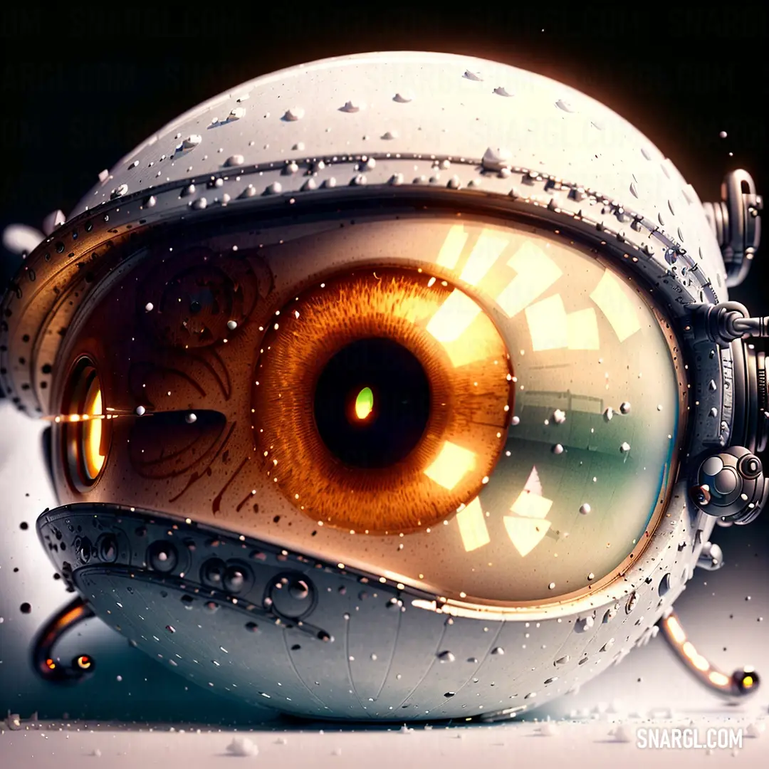 Close up of a eye with water droplets on it's surface and a black background with a yellow light