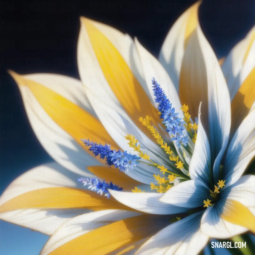 Close up of a flower with a blue center and yellow center and white petals with yellow centers
