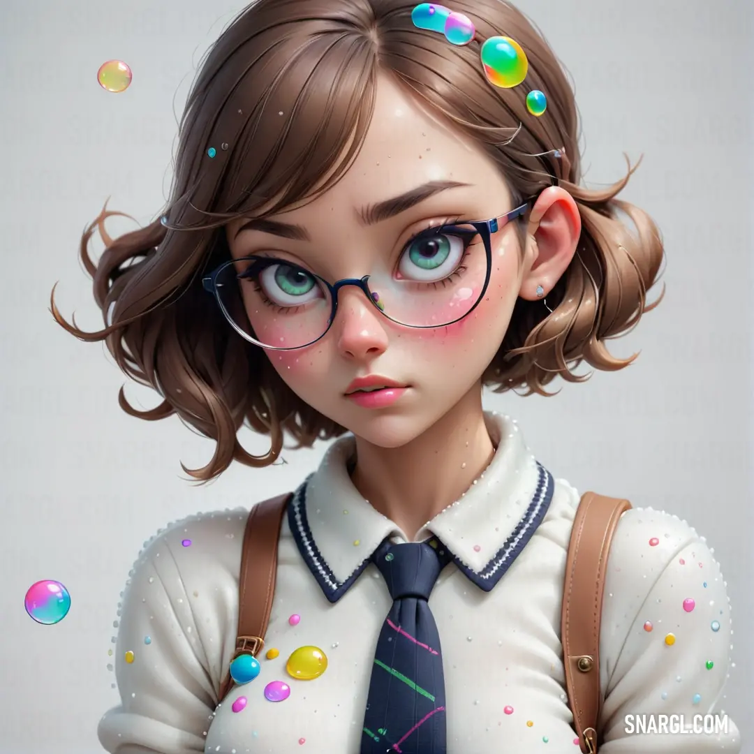 Digital painting of a girl with glasses and a tie and a sweater with a rainbow colored bubble on her head. Example of #F2F3F4 color.