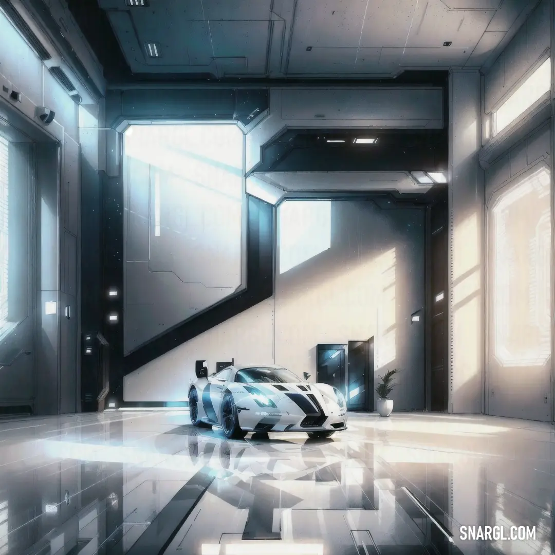 Futuristic car is parked in a large room with a window and a door leading to another room
