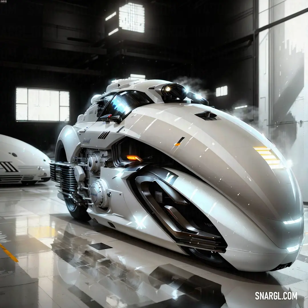 Futuristic car is shown in a garage with other cars in the background and a man standing next to it