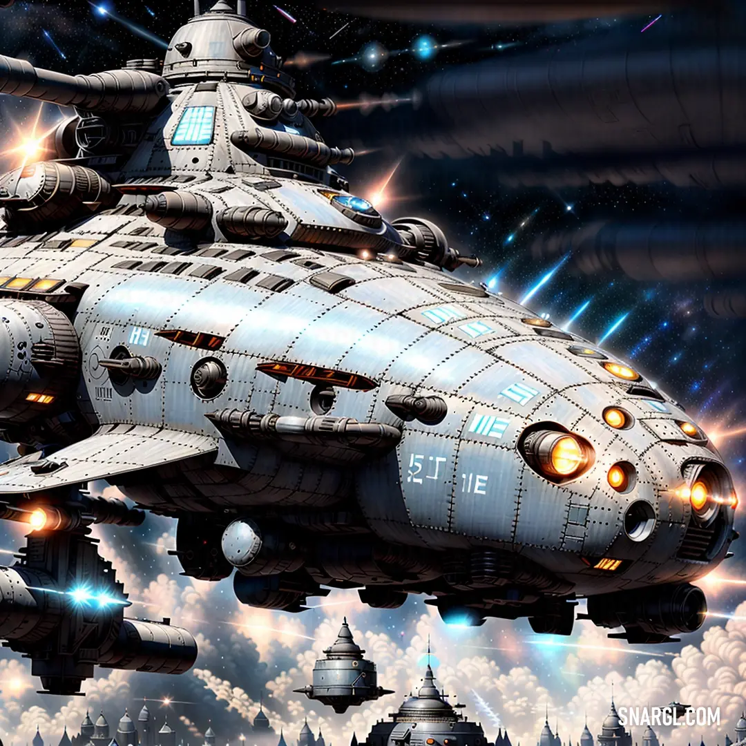 Futuristic space ship flying through the sky with a lot of stars in the background