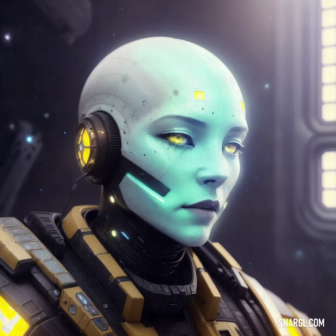 Futuristic woman with yellow eyes and a white head with a yellow light on her forehead