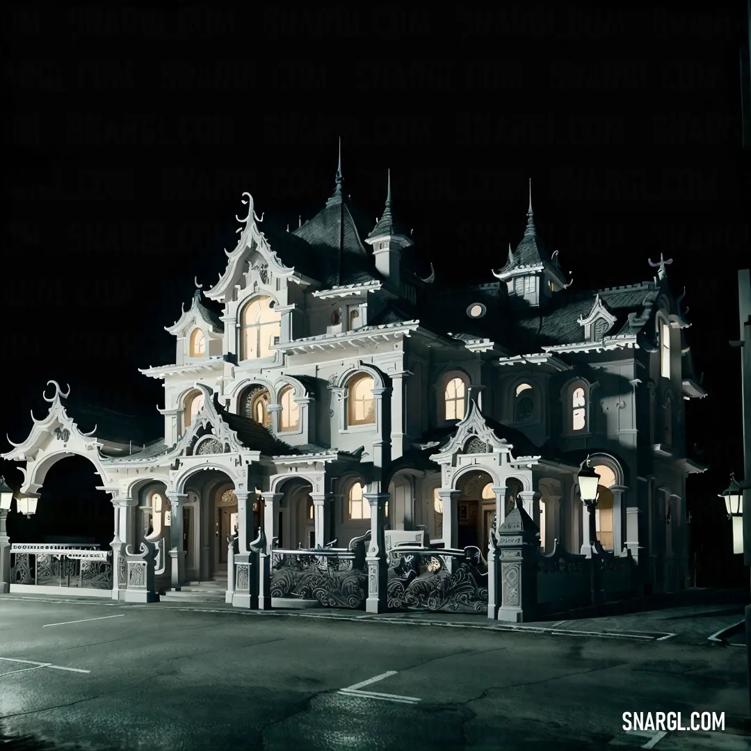 Large white building with a clock tower at night time in the city of a city with a lot of lights