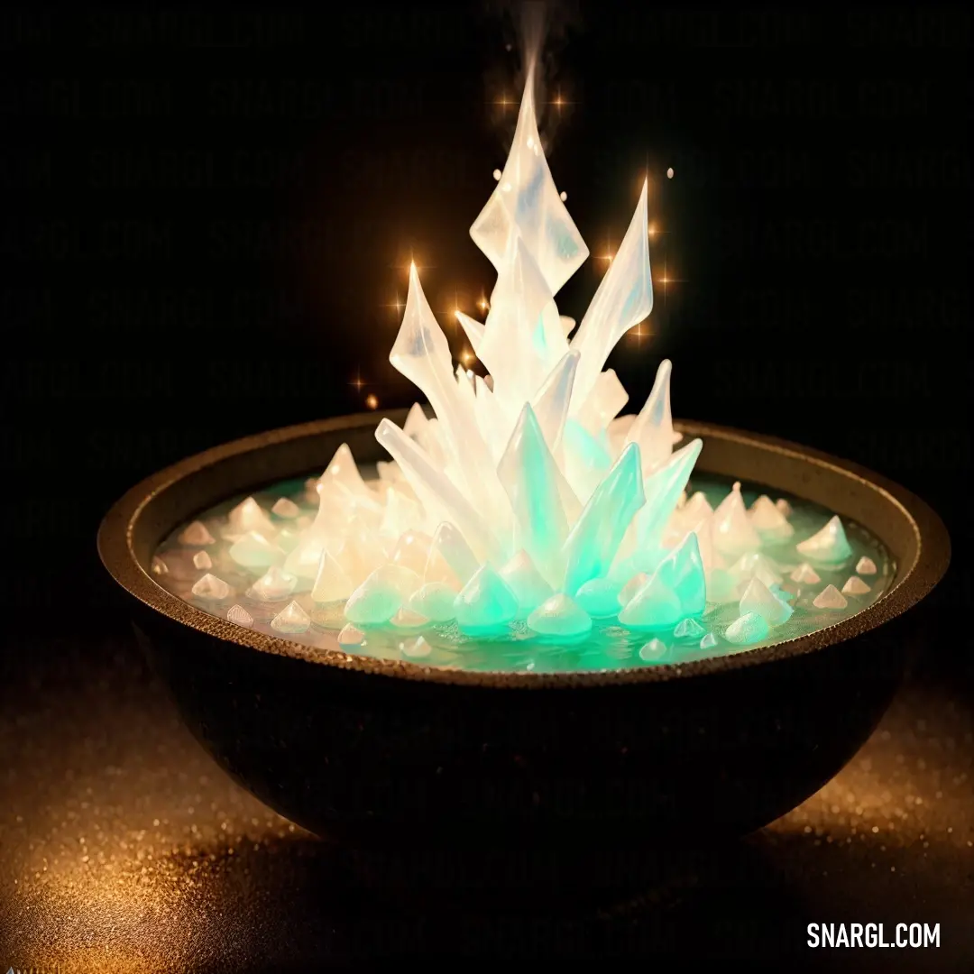 Lit candle in a bowl with a black background and a green light coming out of it's center