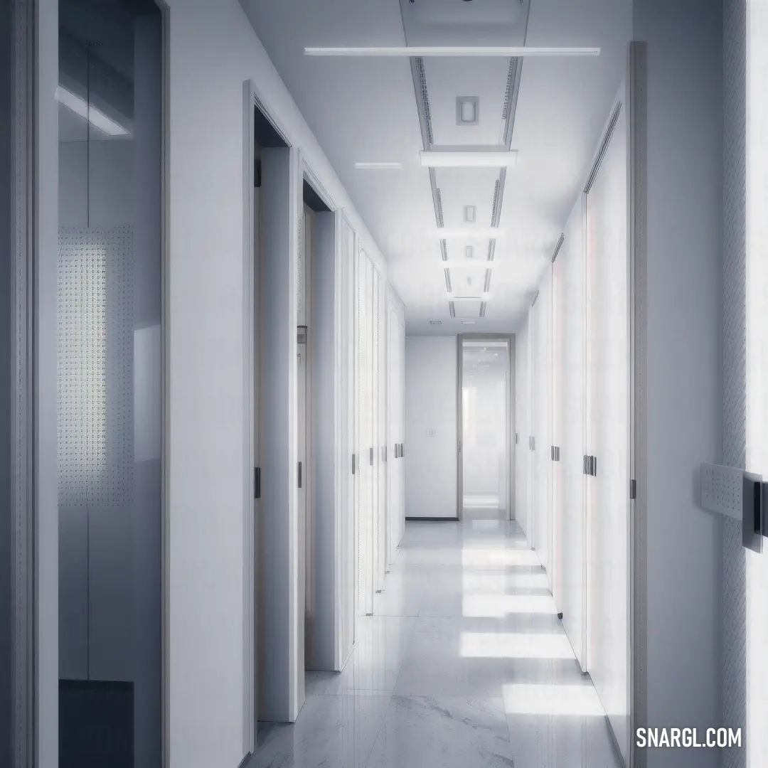 Long hallway with a light coming through the ceiling and a door leading to another room