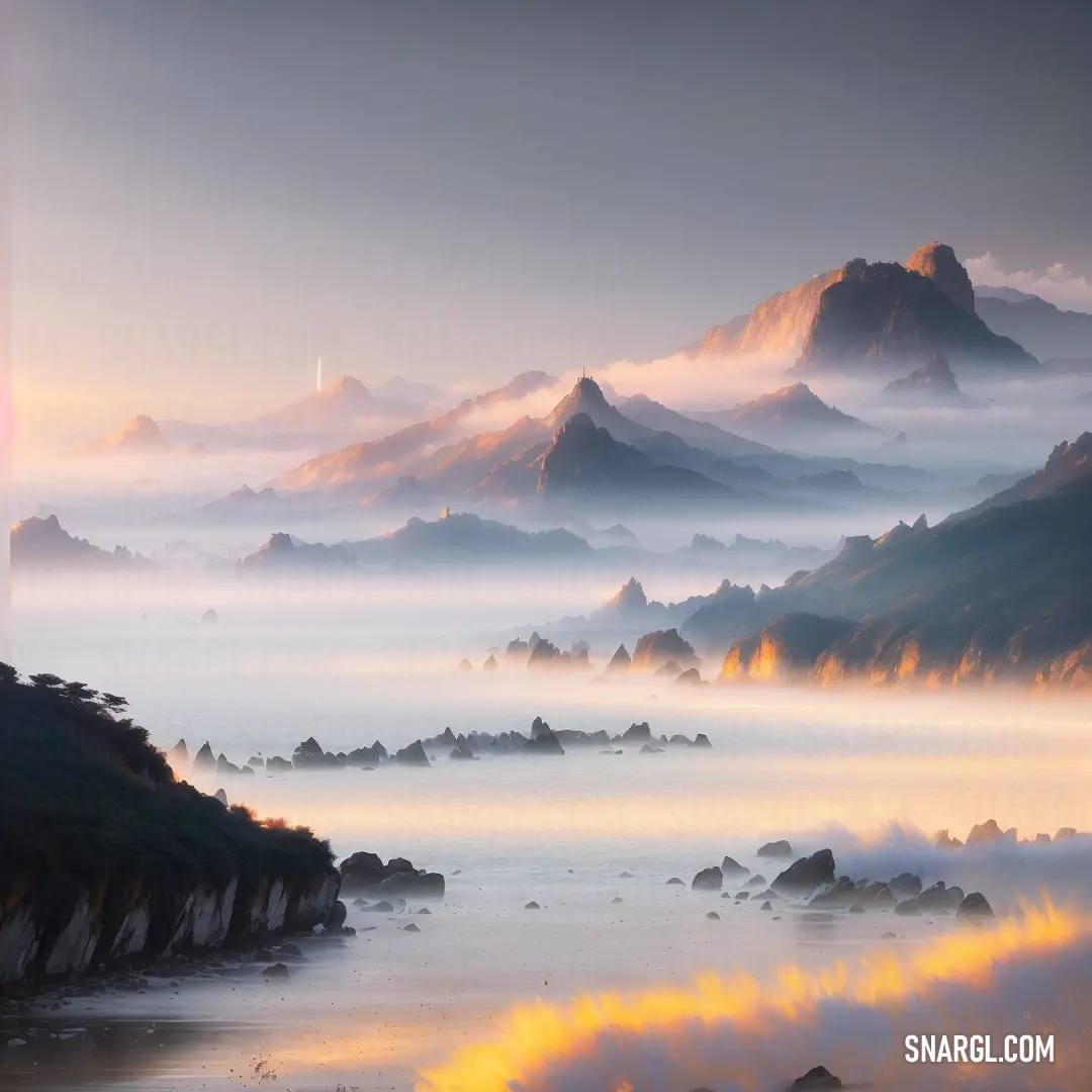 Mountain range covered in fog and clouds at sunrise or sunset with a few mists on the ground